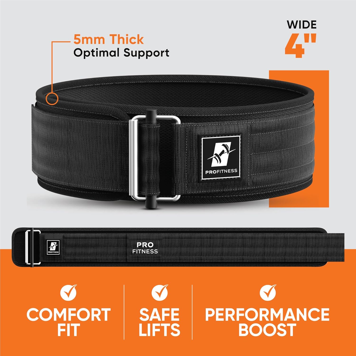 Black leather weightlifting belt with 'PROfitness' logo in front.